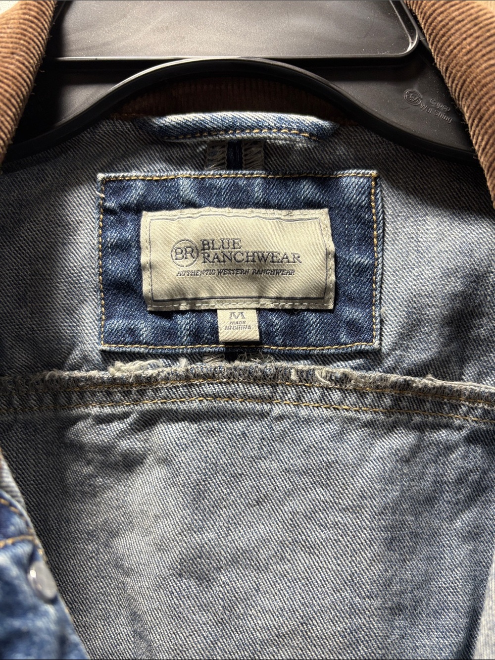 Men's Blue Denim Jacket with Brown Corduroy Collar - Classic Workwear Style - Picture 2 of 3